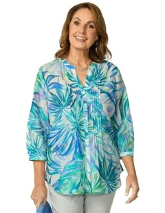 Tropical Palms Pleat 3/4 Sleeve Shirt in Multi