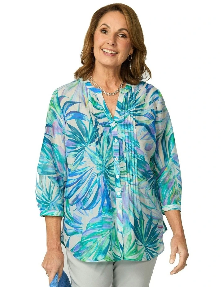 Tropical Palms Pleat 3/4 Sleeve Shirt in Multi image 1