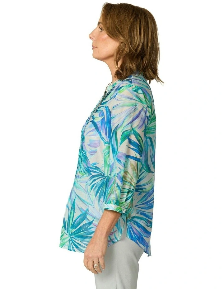 Tropical Palms Pleat 3/4 Sleeve Shirt in Multi image 3