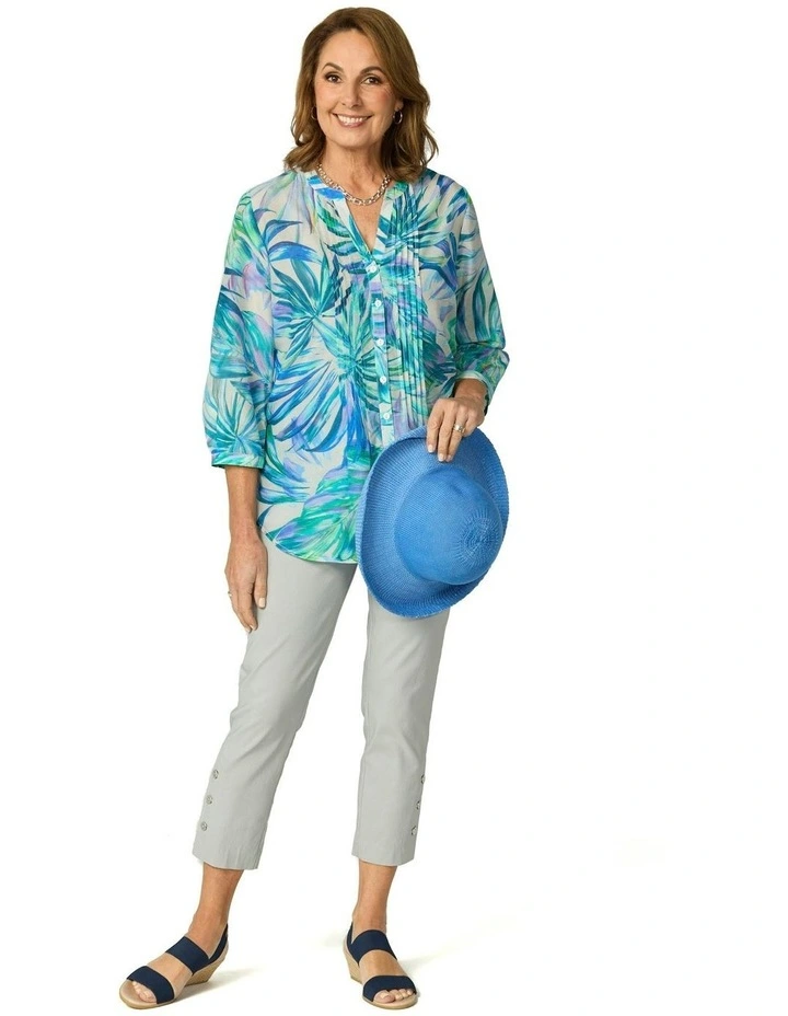 Tropical Palms Pleat 3/4 Sleeve Shirt in Multi image 4