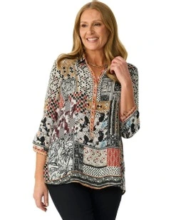 Blackjack 3/4 Sleeve Collared Blouse in Multi