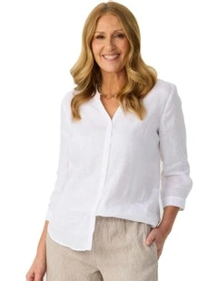 Caledonia Collarless 3/4 Sleeve Shirt in White