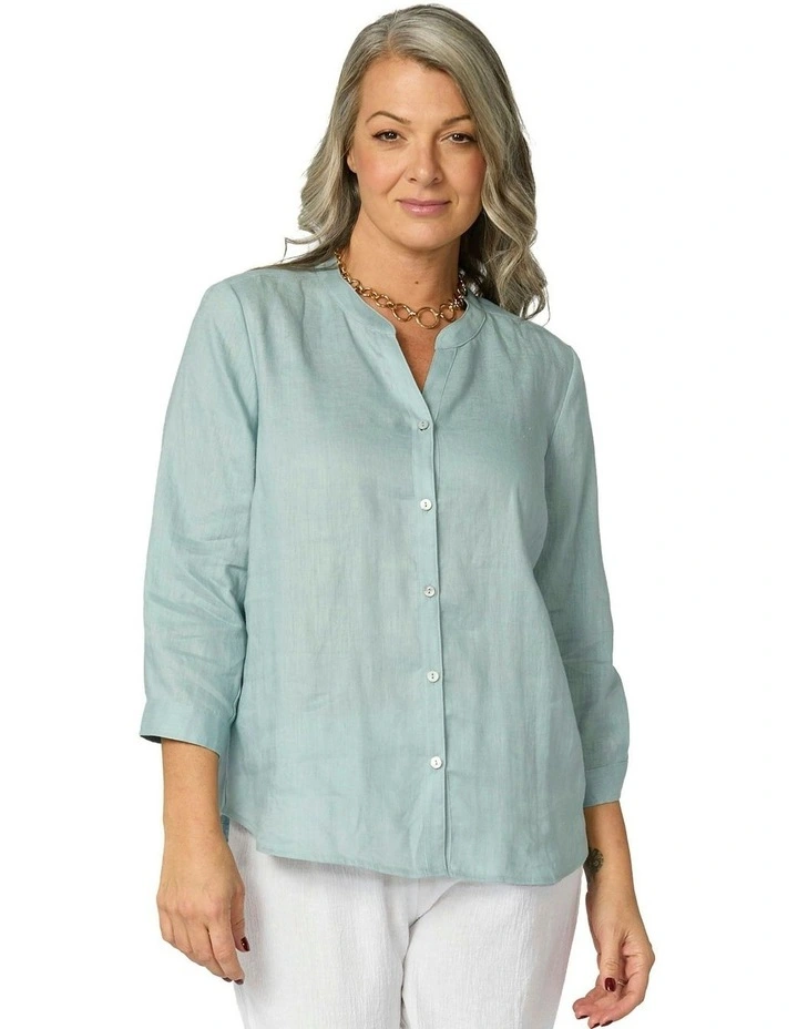 Caledonia Collarless 3/4 Sleeve Shirt in Blue image 1