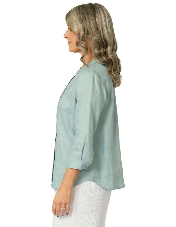 Caledonia Collarless 3/4 Sleeve Shirt in Blue image 3