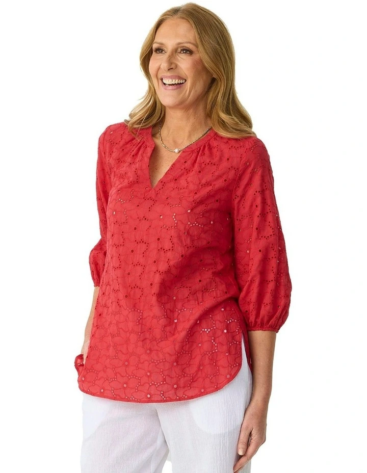 Wendy Broderie 3/4 Sleeve Blouse in Red image 1