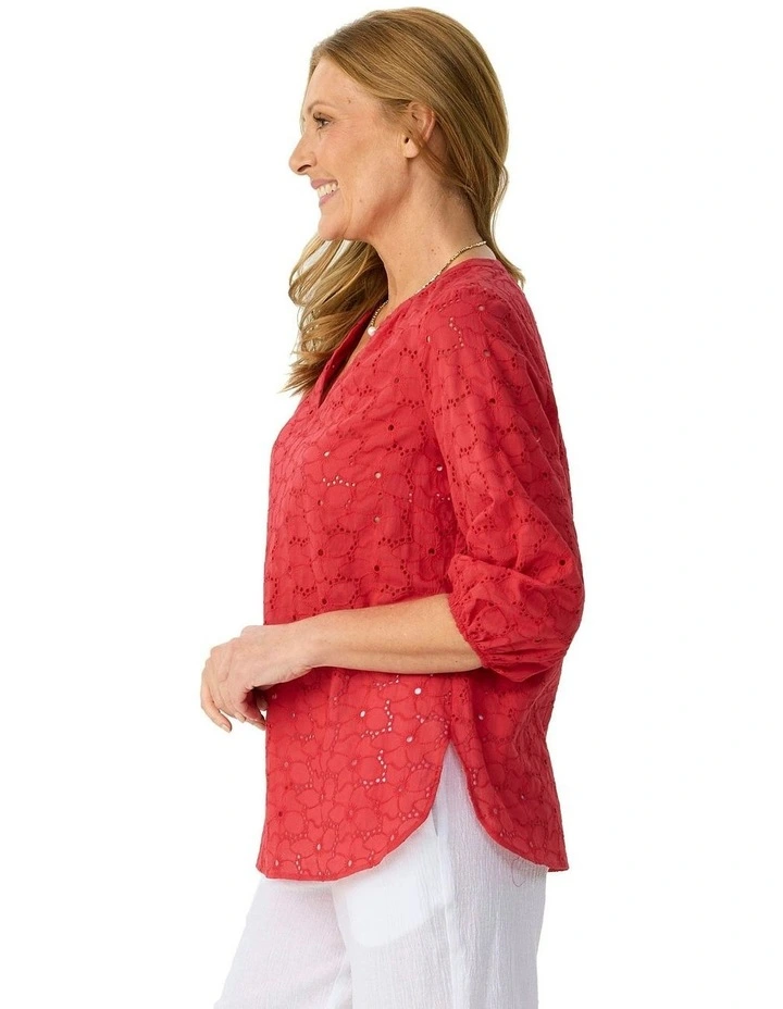 Wendy Broderie 3/4 Sleeve Blouse in Red image 3