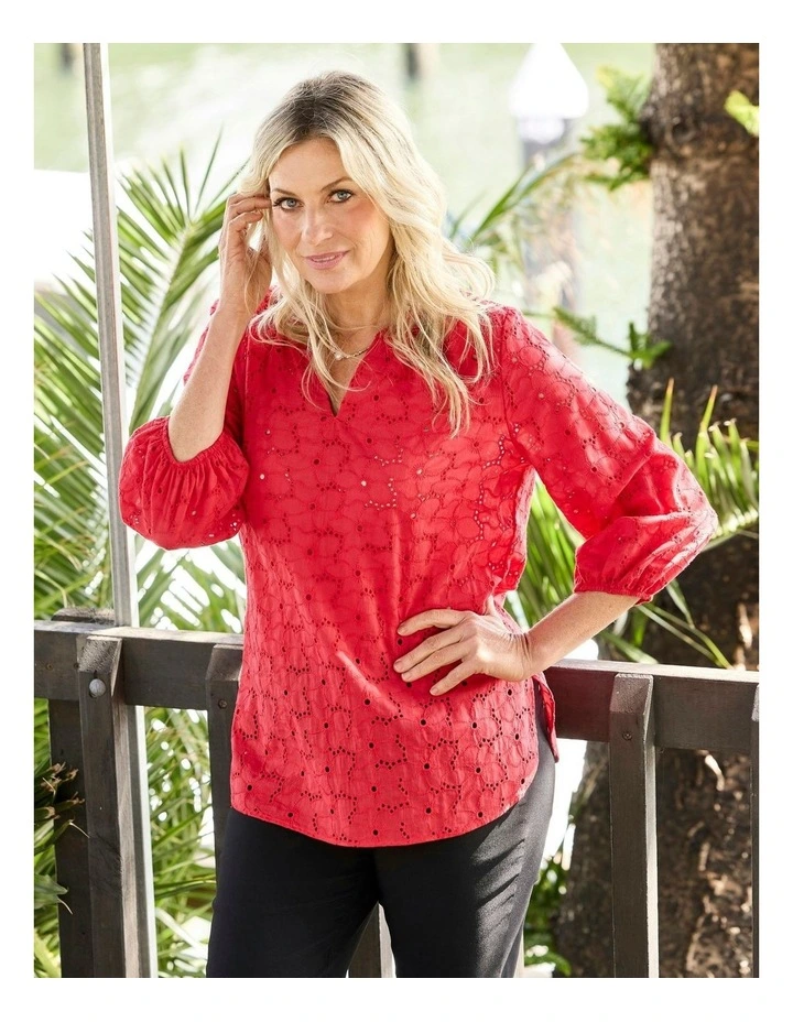 Wendy Broderie 3/4 Sleeve Blouse in Red image 5