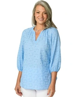 Wendy Broderie 3/4 Sleeve Blouse in Blue