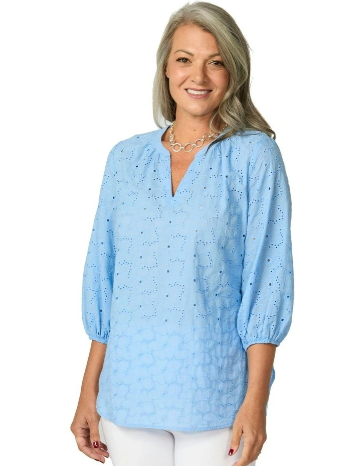 Wendy Broderie 3/4 Sleeve Blouse in Blue image 1