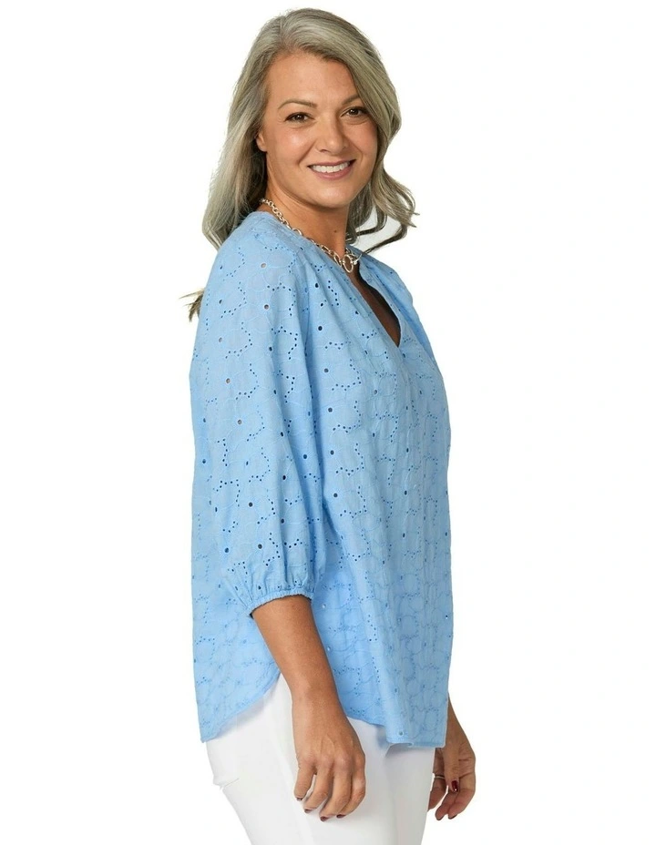 Wendy Broderie 3/4 Sleeve Blouse in Blue image 3