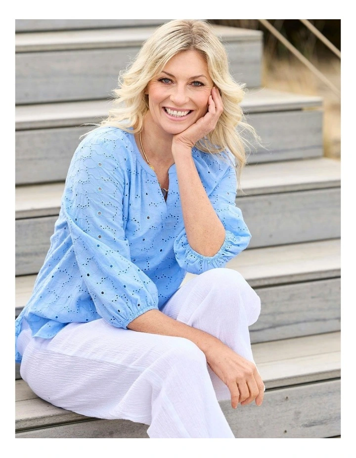 Wendy Broderie 3/4 Sleeve Blouse in Blue image 5
