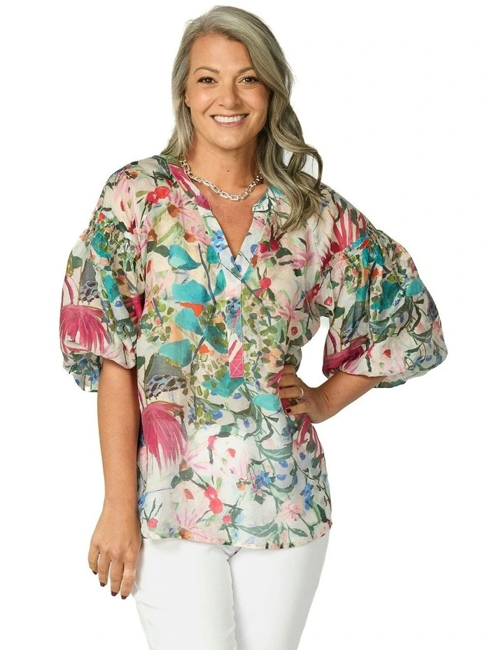 Botanical 3/4 Sleeve Smocked Blouse in Multi image 1
