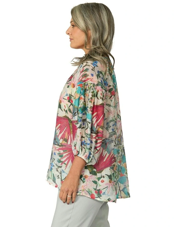 Botanical 3/4 Sleeve Smocked Blouse in Multi image 3