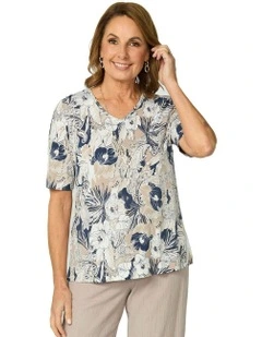 Cummins V-neck Elbow Sleeve Print Tee in Multi