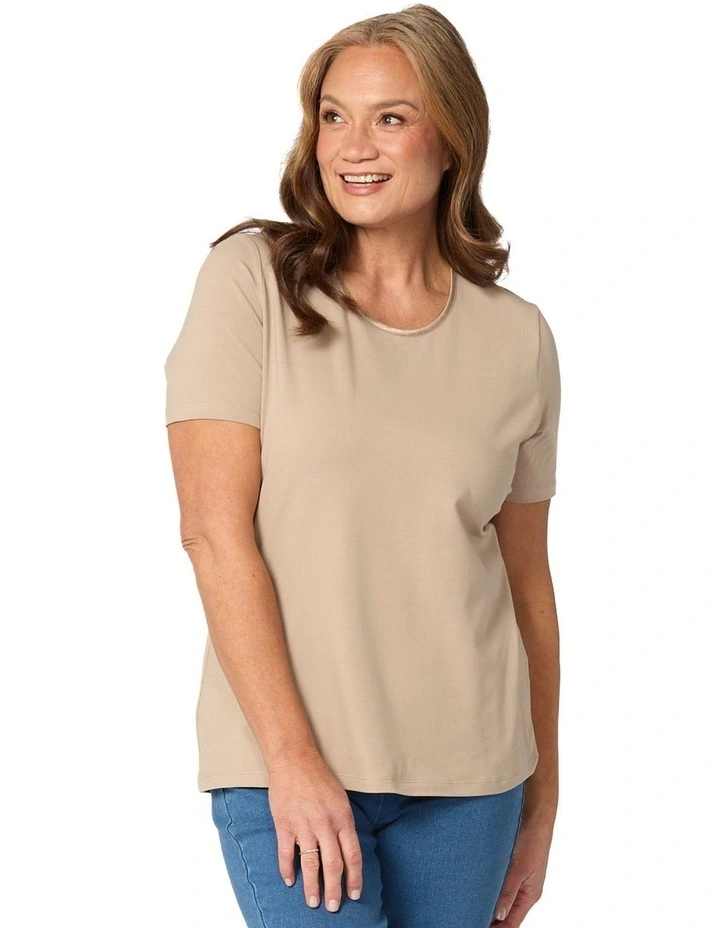 Everyday Ribbon Trim Short Sleeve Tee in Beige image 1