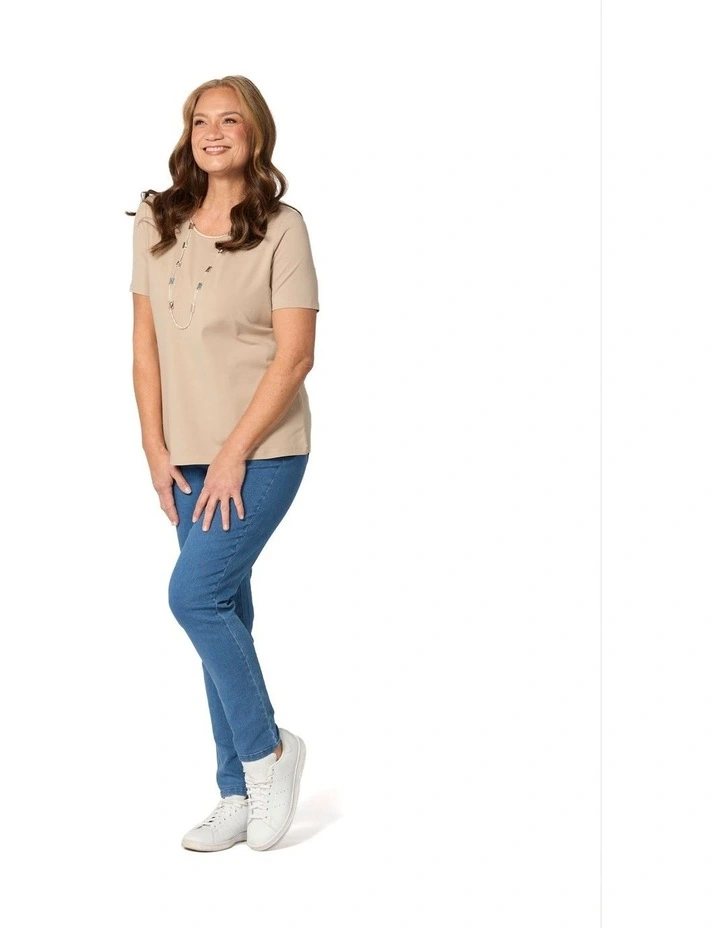 Everyday Ribbon Trim Short Sleeve Tee in Beige image 4