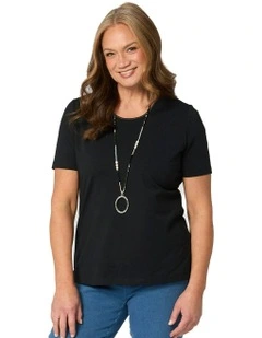 Everyday Ribbon Trim Short Sleeve Tee in Black