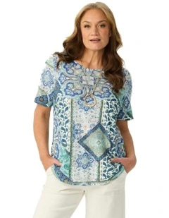 Corfu Skies Pleat Back Short Sleeve Tee in Multi