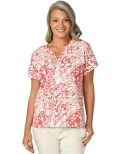 Folie Notch Neck Short Sleeve Tee in Orange