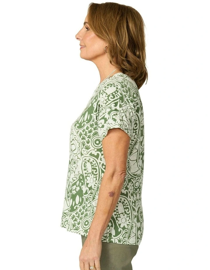 Folie Notch Neck Short Sleeve Tee in Olive image 3