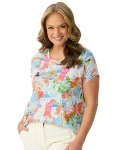 Costa Houses V Neck Short Sleeve Tee in Multi