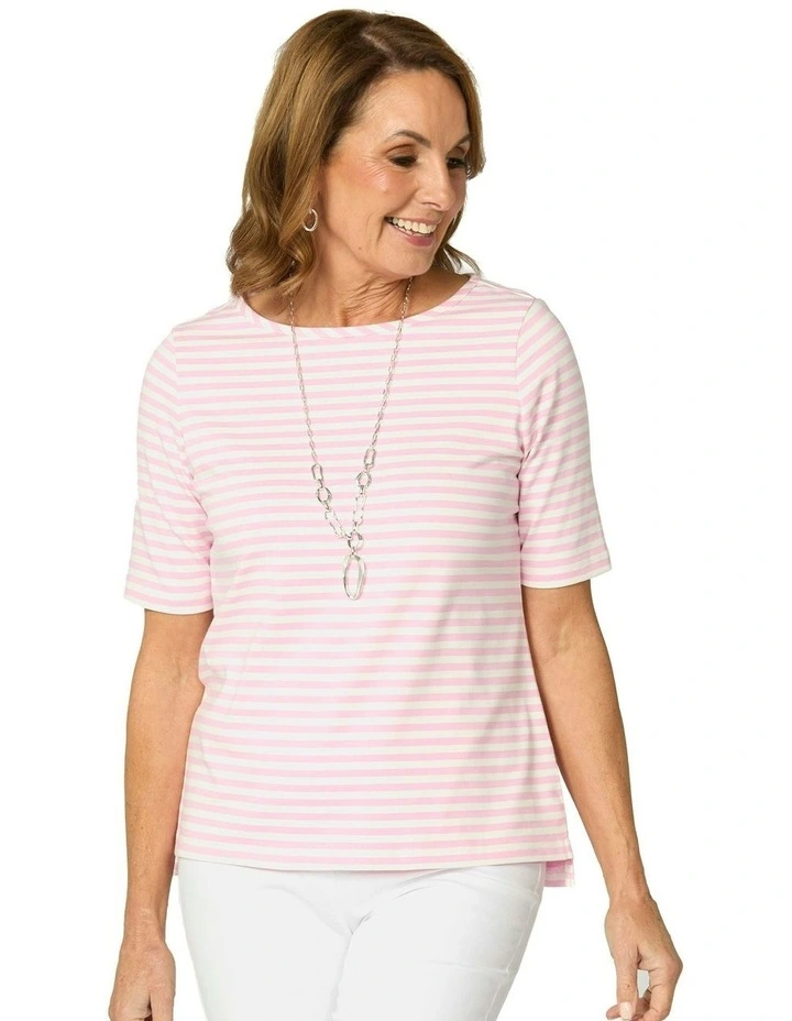 Lido Stripe Elbow Sleeve Tee in Pink image 1