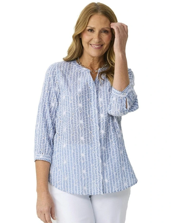 Ricamo 3/4 Sleeve Embroidered Shirt in Blue image 1