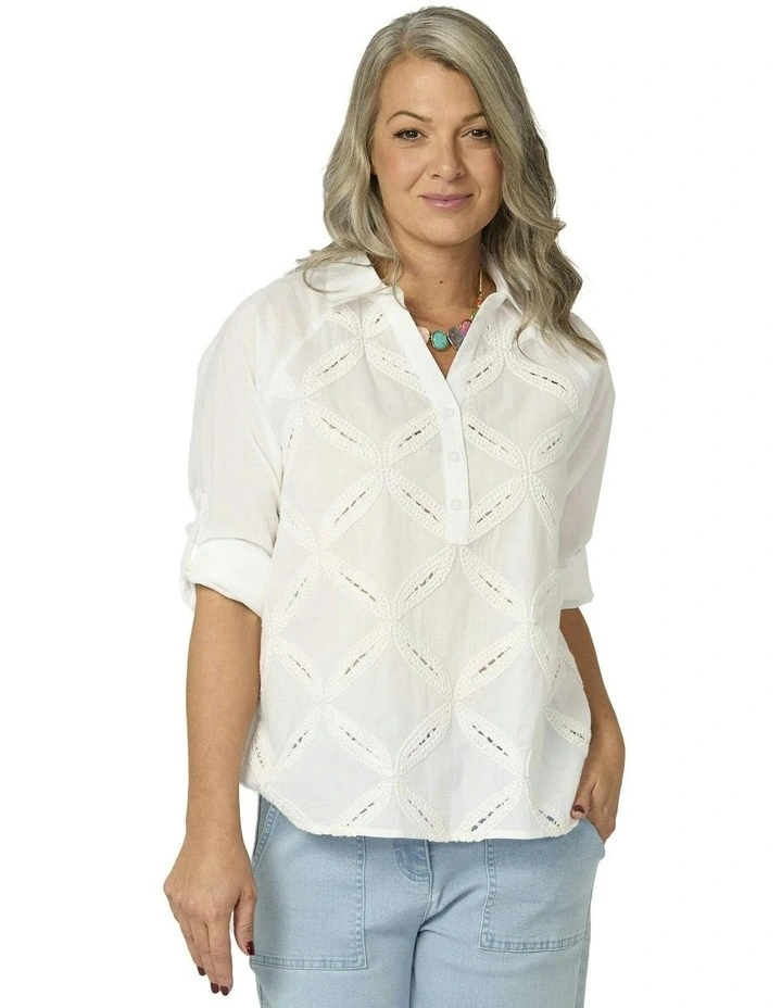 Palisades Long Sleeve Embroidered Top in White image 1