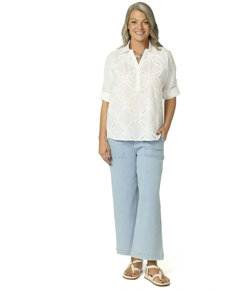 Palisades Long Sleeve Embroidered Top in White image 4