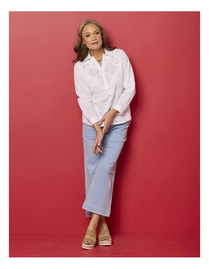 Palisades Long Sleeve Embroidered Top in White image 5