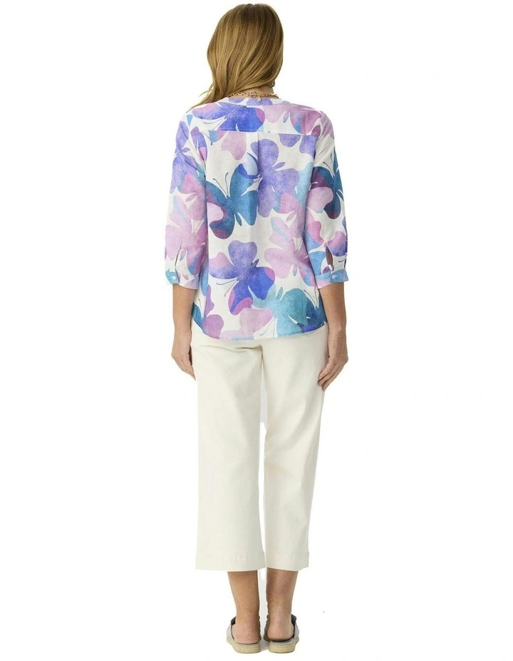 Butterfly Open Neck 3/4 Sleeve Shirt in Multi image 2