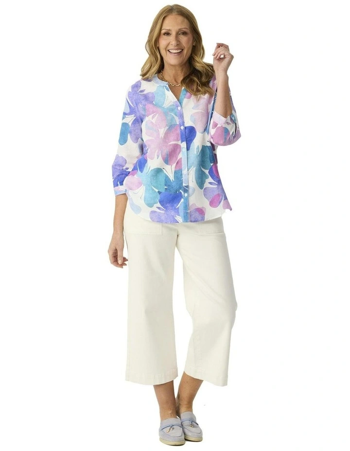 Butterfly Open Neck 3/4 Sleeve Shirt in Multi image 4