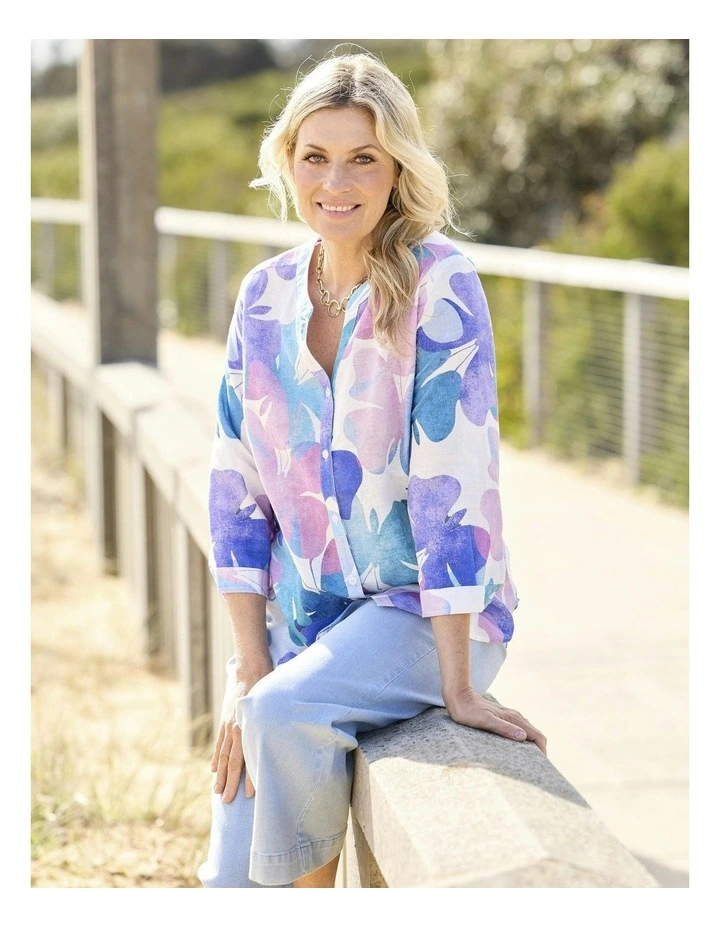 Butterfly Open Neck 3/4 Sleeve Shirt in Multi image 5