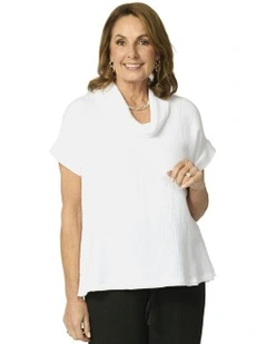 Bubble Cowl Neck Short Sleeve Top in White