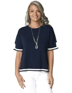 Otis Contrast Trim Short Sleeve Knit Top in Blue