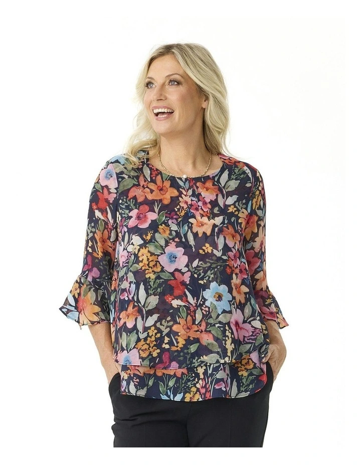 Helene Flounce Layered 3/4 Sleeve Top in Multi image 1