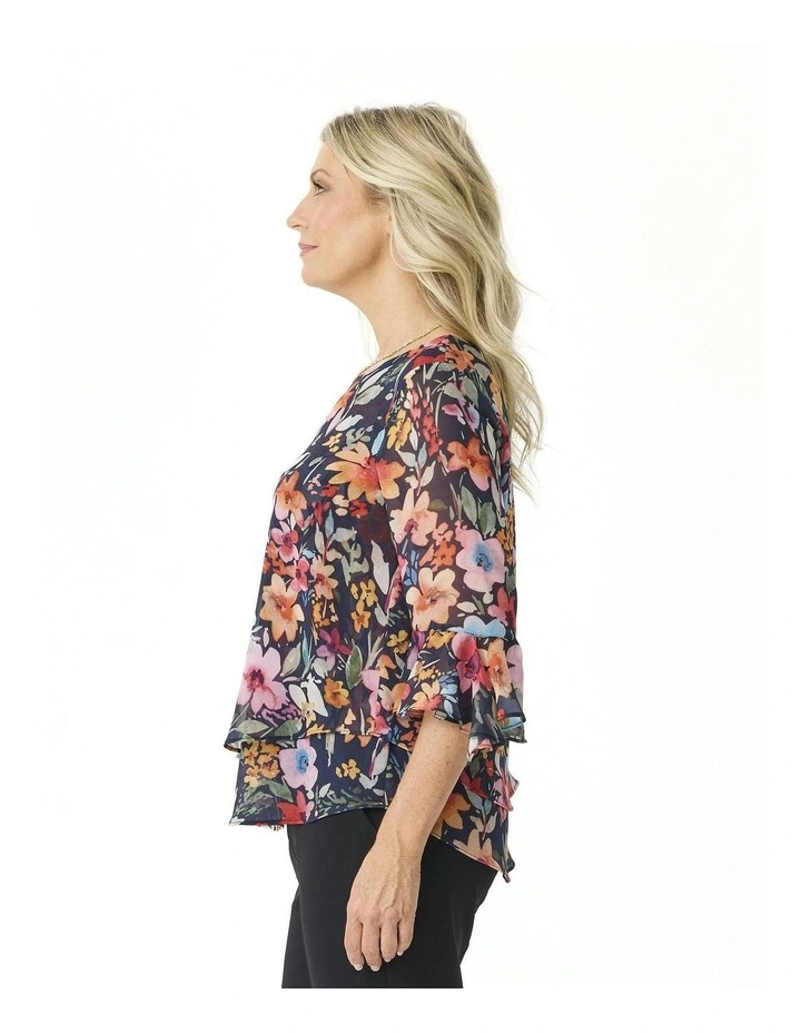 Helene Flounce Layered 3/4 Sleeve Top in Multi image 3