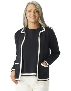 Otis Contrast Trim Zip Cardigan in Black