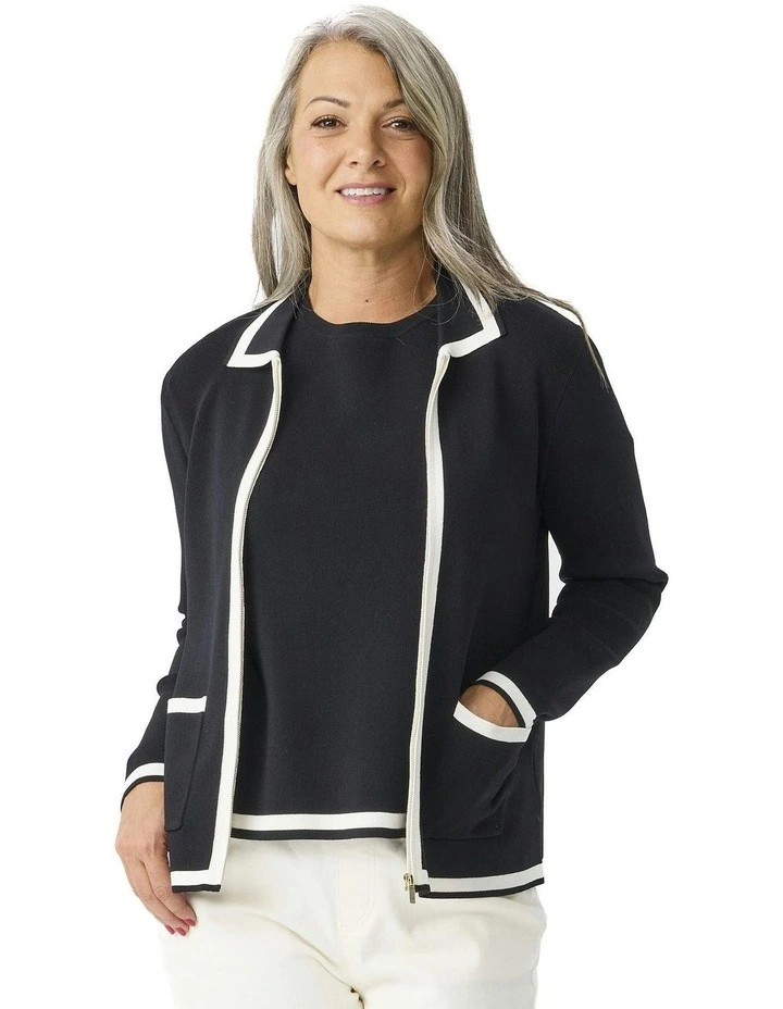 Otis Contrast Trim Zip Cardigan in Black image 1