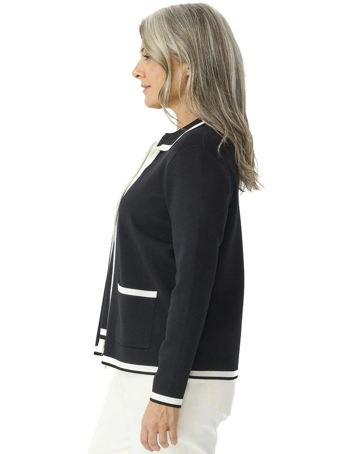 Otis Contrast Trim Zip Cardigan in Black image 3