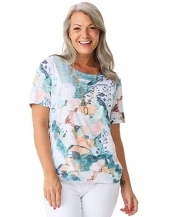Romy Short Sleeve Burn Out Print Tee in Assorted