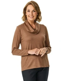 Hedrena Cowl Neck Long Sleeve Top in Brown