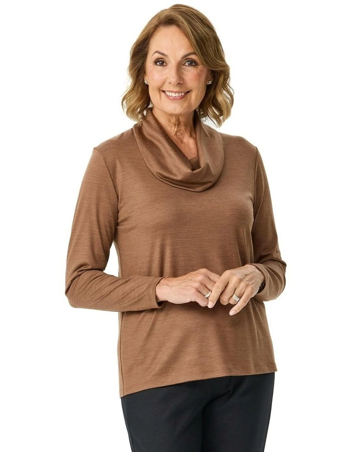 Hedrena Cowl Neck Long Sleeve Top in Brown image 1