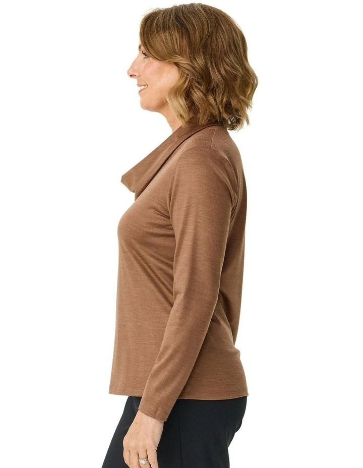Hedrena Cowl Neck Long Sleeve Top in Brown image 3