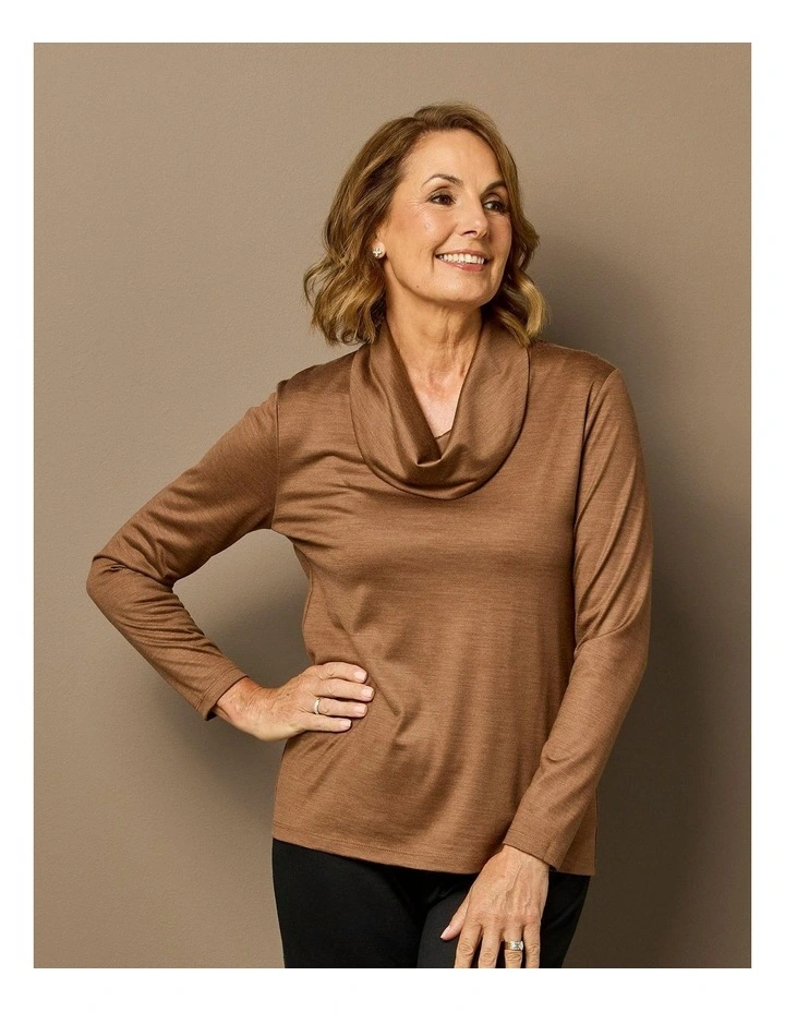 Hedrena Cowl Neck Long Sleeve Top in Brown image 7