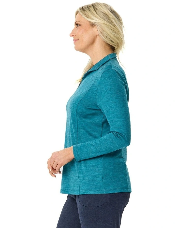 Hedrena Zip Polo Long Sleeve Top in Blue image 3