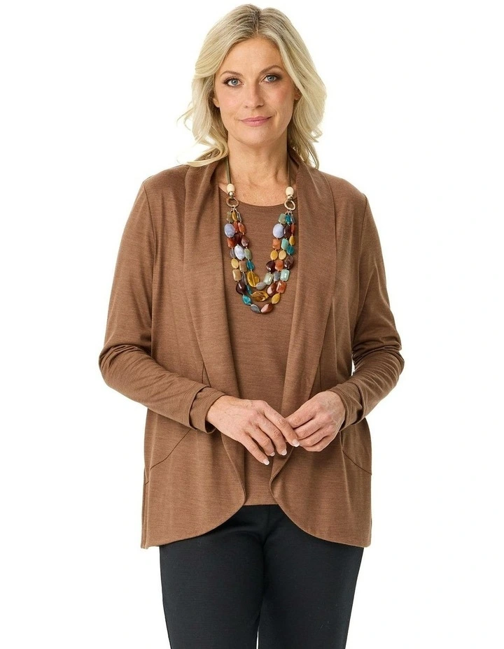 Hedrena Jersey Curved Hem Cardigan in Brown image 1