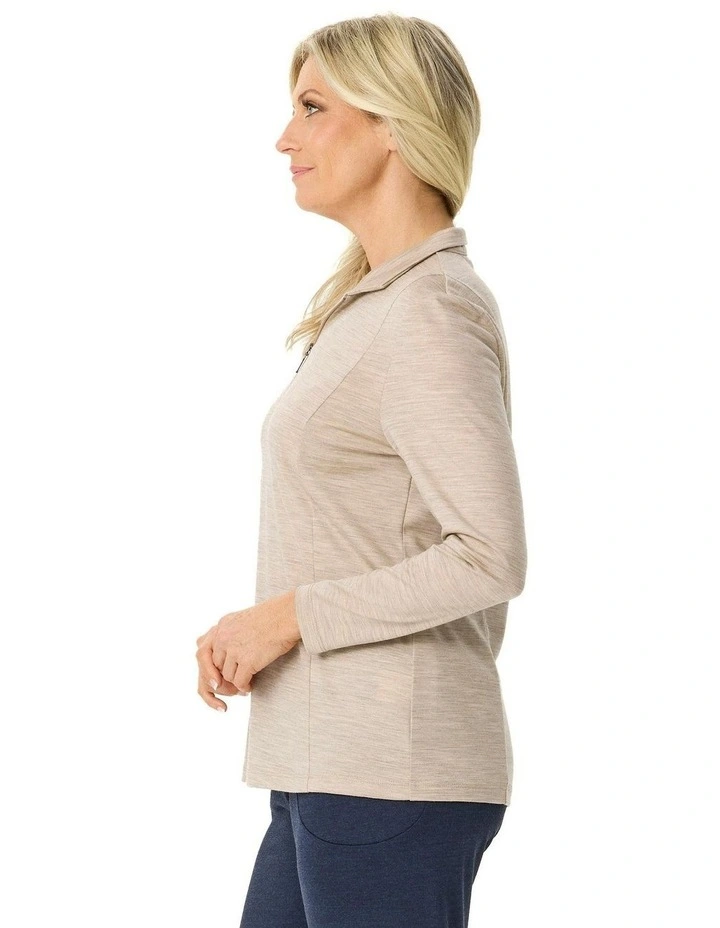 Hedrena Zip Polo Long Sleeve Top in Beige image 3