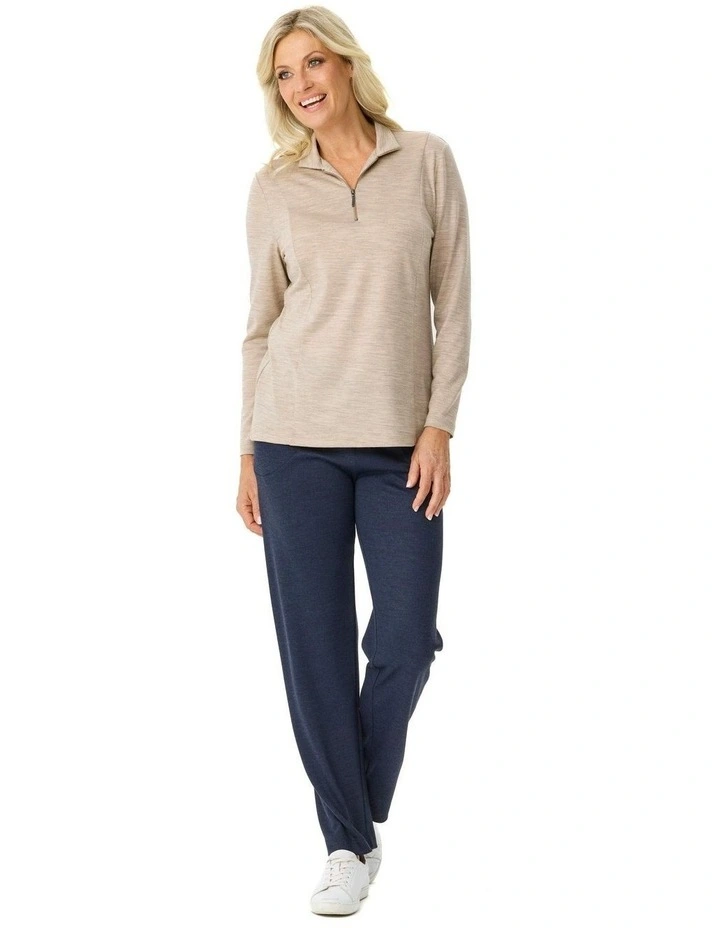 Hedrena Zip Polo Long Sleeve Top in Beige image 4
