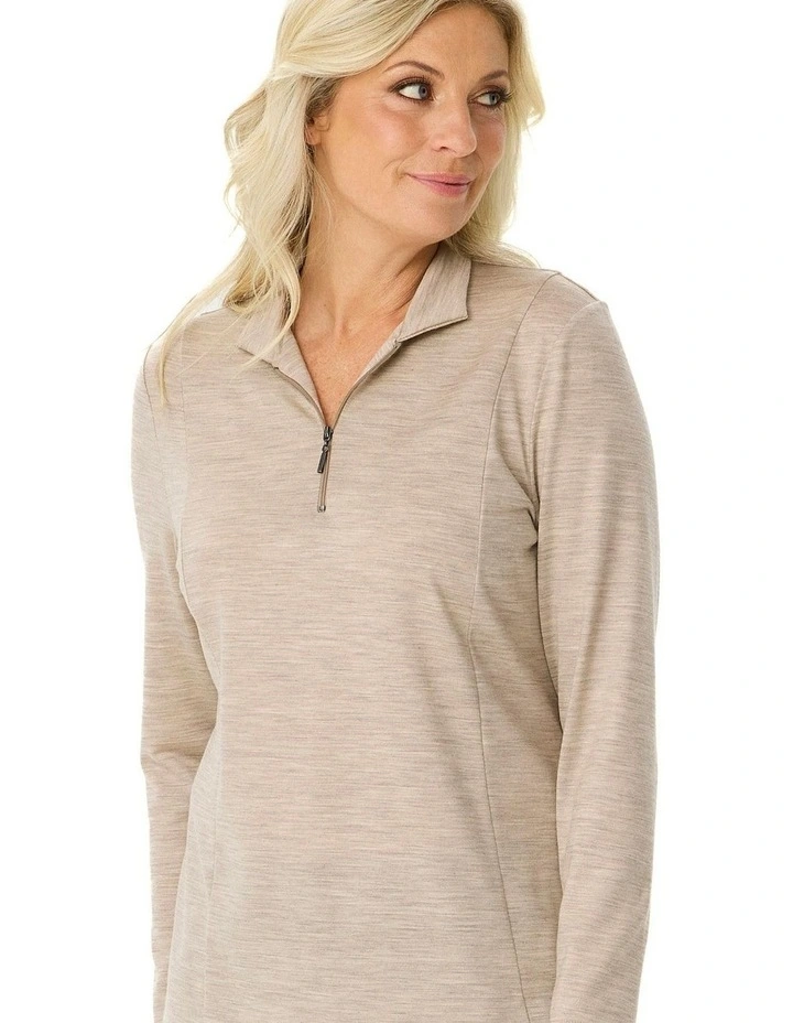 Hedrena Zip Polo Long Sleeve Top in Beige image 5